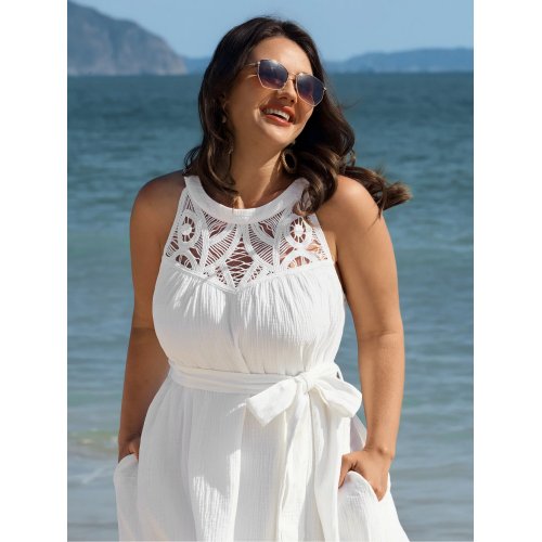 Cotton Sheer Lace Neckline Waist-Tie <span style='filter: blur(2.5px);'>****</span> Dress