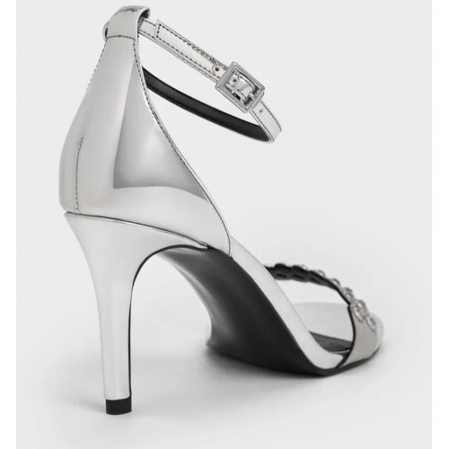  Metallic Crystal-Embellished Heeled Ankle-Strap Sandals - Silver 