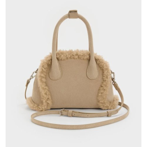 Nelly Recycled Suede & Faux Shearling Bowling Bag - Nutmeg Beige