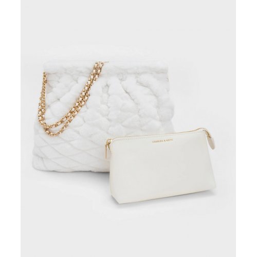  Duo Furry Chain-Handle Hobo Bag - White 