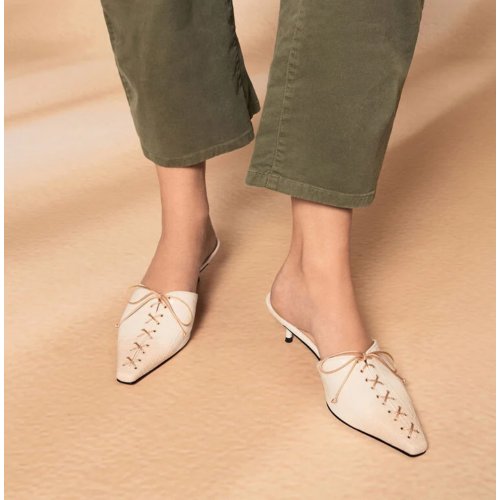  Croc-Effect Lace-Up Pointed-Toe Kitten-Heel Mules - Animal Print Natural 