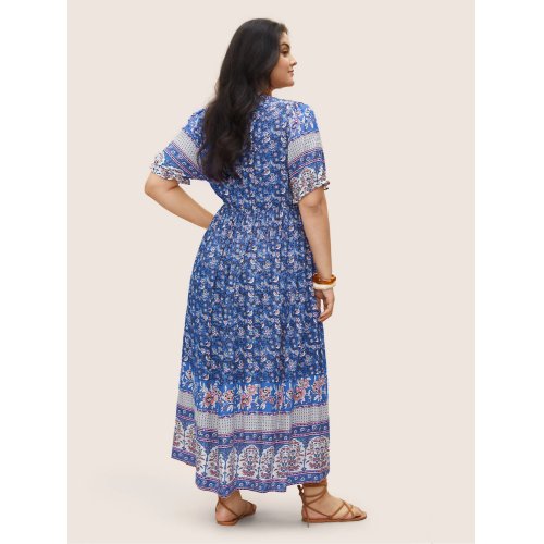 Boho Print Notched Ties Tassel Trim Dress