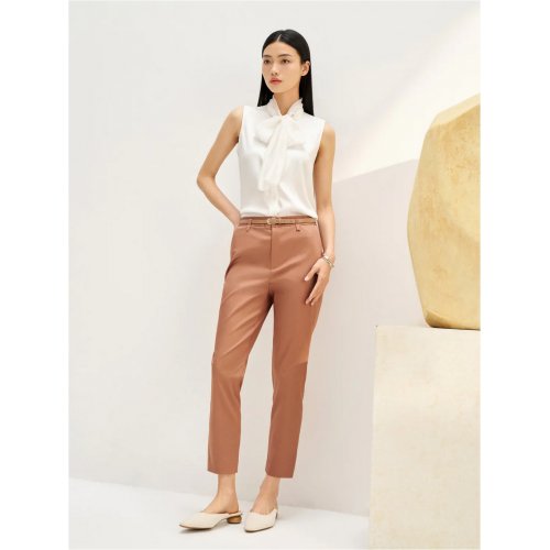 Stretchable Satin Cigarette Cropped Pants with Belt