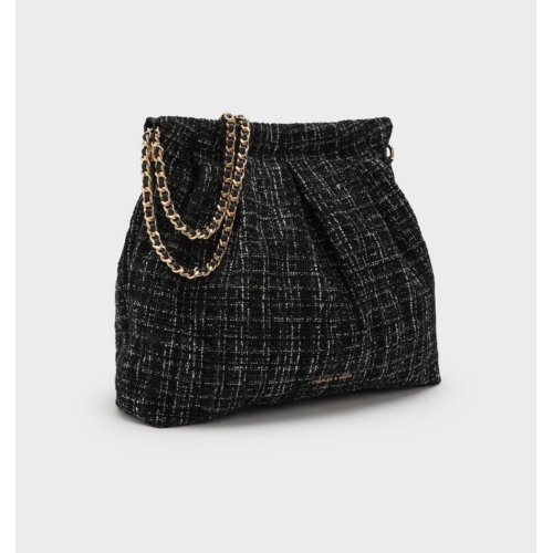  Duo Tweed Chain-Handle Hobo Bag - Black Tweed 