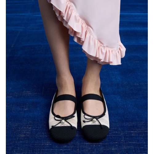  Knitted Pearl-Accent Bow Ballet Flats - Chalk 