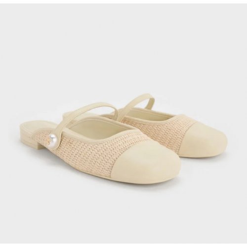  Aeryn Raffia Pearl-Embellished Slip-On Mary Janes - Cream 