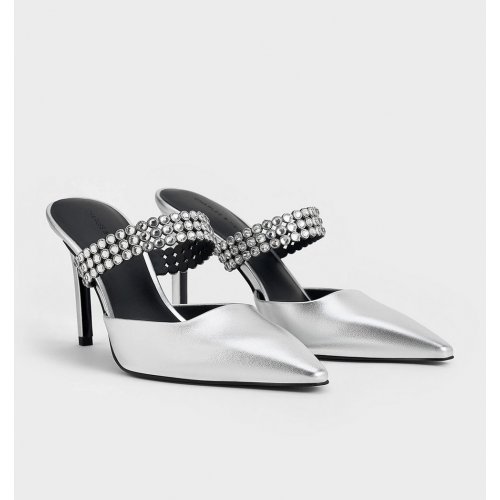  Patent Crystal-Embellished Heeled Mules - Silver 