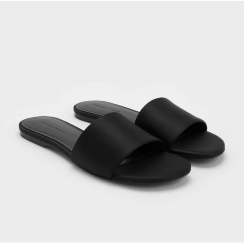 Satin Slide Sandals - Black Textured