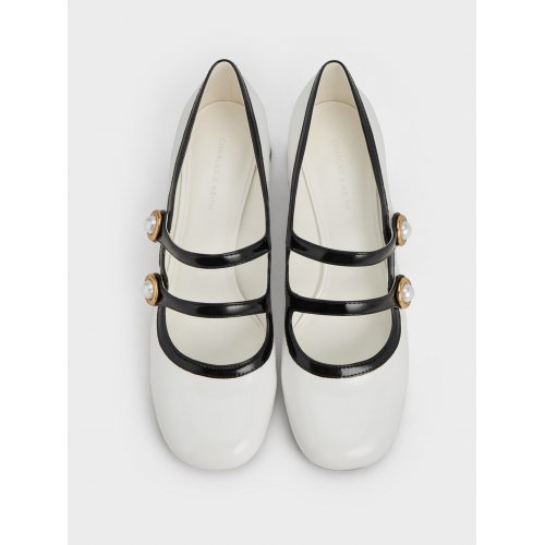 Pearl-Buckle Two-Tone Mary Jane Pumps - White