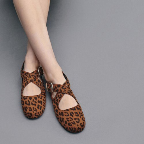 Faux Suede Leopard-Print Crossover-Strap Mary Janes - Animal Print Brown