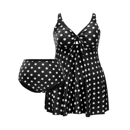  Polka Dot Twist Front Adjustable Straps Swim Dress
