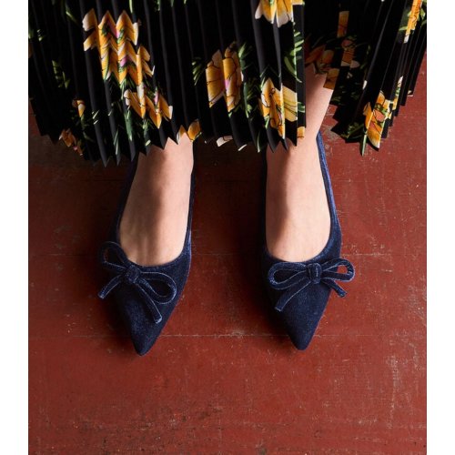  Velvet Bow Pointed-Toe Kitten-Heel Pumps - Dark Blue 