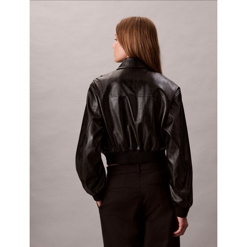 Cropped Faux Leather Bomber Jacket