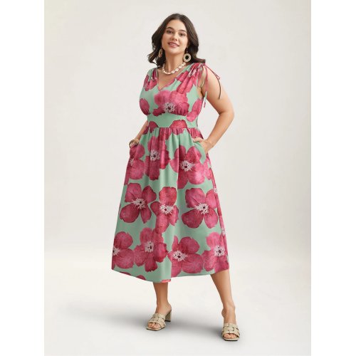 Floral Print V-Neck Tied Midi Dress