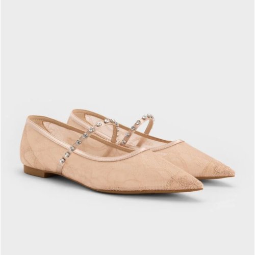  Lace & Satin Crystal Mary Jane Flats - Nude 