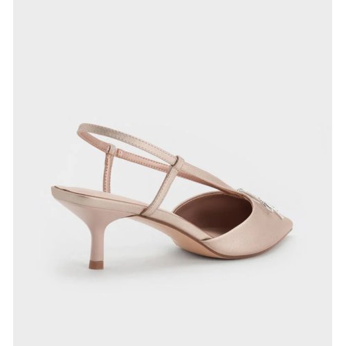 Crystal-Bow Kitten-Heel Slingback Pumps - Nude