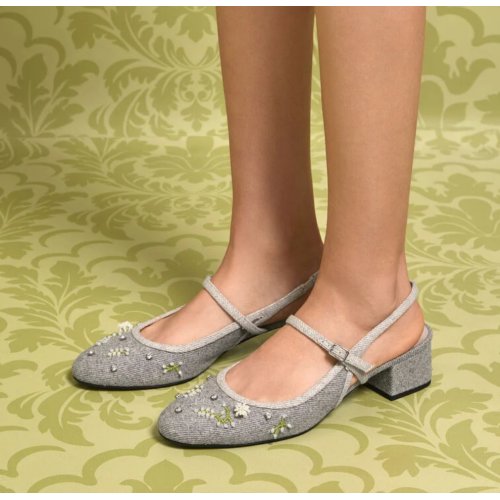  Twill Bead-Flower Block-Heel Slingback Mary Jane Pumps - Grey 