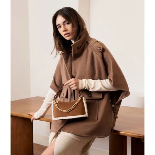  Robyn Faux Suede Fur-Trim Elongated Chain-Handle Bag - Brown 