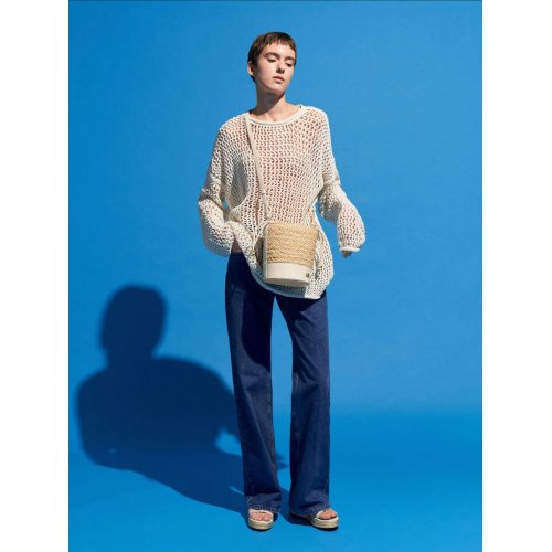 Leather & Raffia Bucket Bag - Beige 