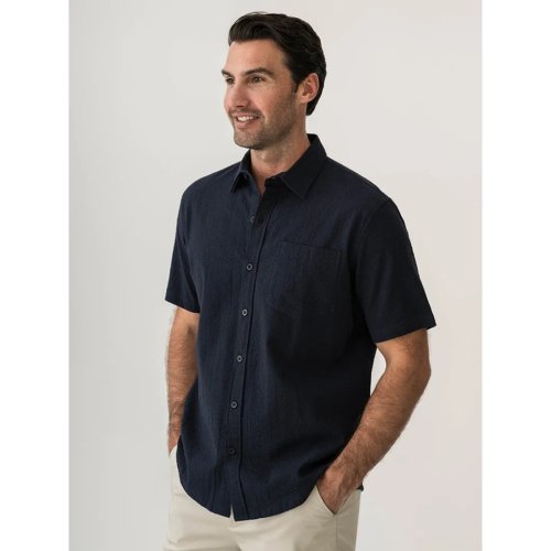 Mens Short Sleeve Seer Sucker Shirt Navy
