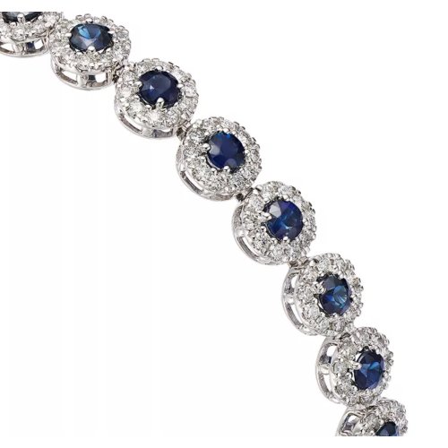 Blue Sapphire & Diamond Halo Tennis Bracelet in 14K White Gold