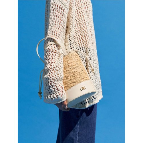 Leather & Raffia Bucket Bag - Beige 