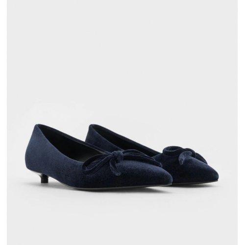 Velvet Bow Pointed-Toe Kitten-Heel Pumps - Dark Blue 