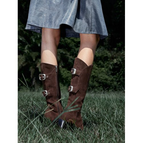  Masei Faux Suede Grommet-Strap Knee-High Boots - Dark Brown 