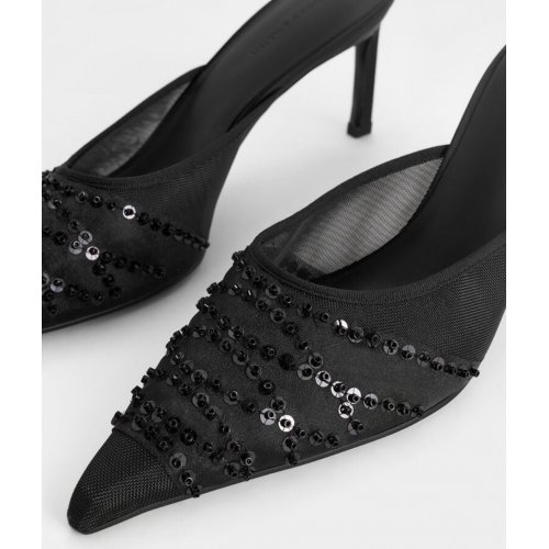  Mesh Sequinned Heeled Mules - Black Textured 