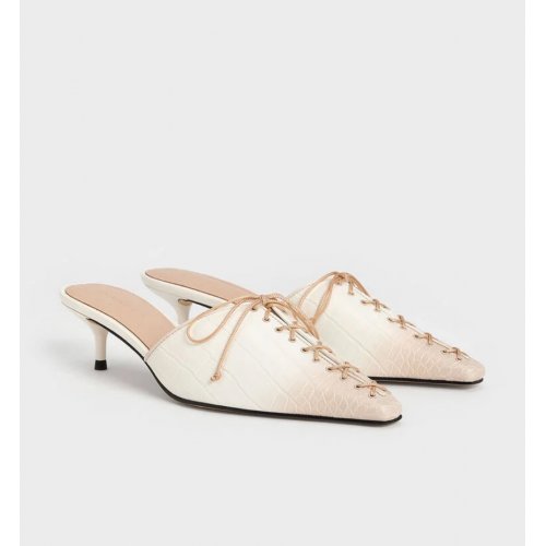  Croc-Effect Lace-Up Pointed-Toe Kitten-Heel Mules - Animal Print Natural 