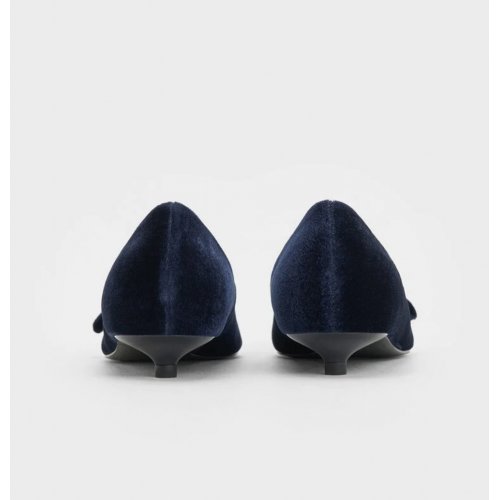  Velvet Bow Pointed-Toe Kitten-Heel Pumps - Dark Blue 