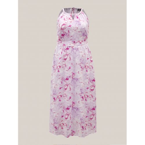  Floral Print Halter Neck Stretchy Midi Dress