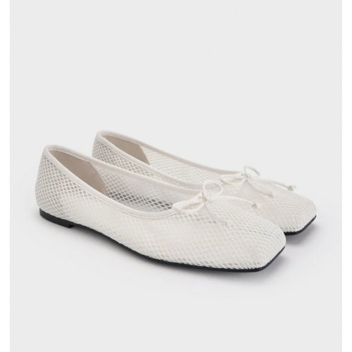  Mesh Square-Toe Bow Ballet Flats - White 