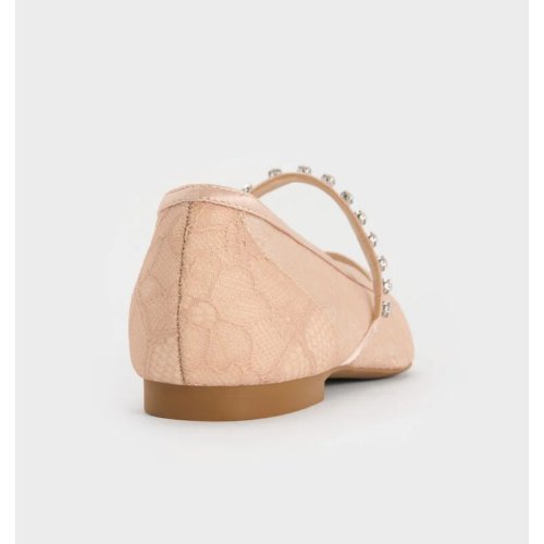  Lace & Satin Crystal Mary Jane Flats - Nude 