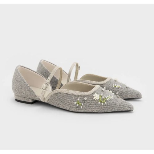  Twill Bead-Flower Pointed-Toe D'Orsay Mary Jane Flats - Grey