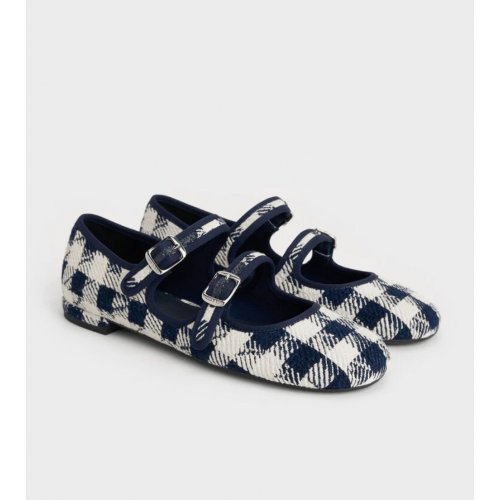  Checkered Double-Strap Mary Jane Flats - Dark Blue 