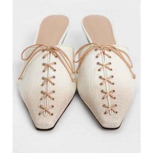  Croc-Effect Lace-Up Pointed-Toe Kitten-Heel Mules - Animal Print Natural 