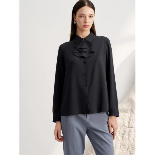 Crepe Shirt Collar Blouse with Detachable Scarf