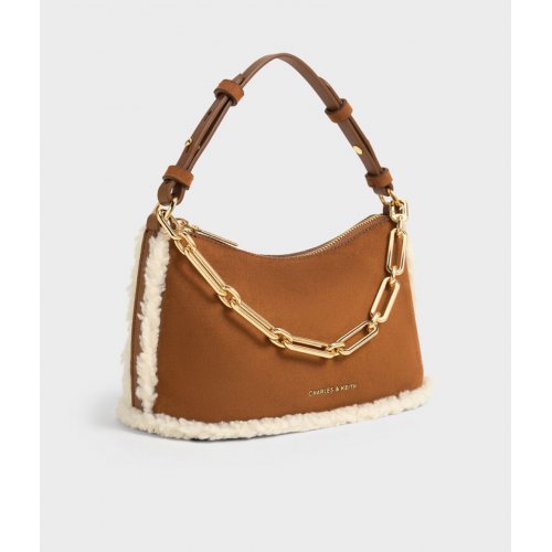  Robyn Faux Suede Fur-Trim Elongated Chain-Handle Bag - Brown 