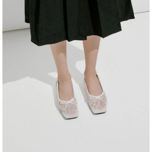  Mesh Square-Toe Bow Ballet Flats - White 