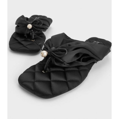  Satin Pearl-Accent Square-Toe Sandals - Black Textured 