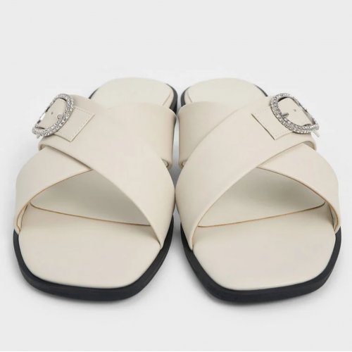  Crystal-Buckle Crossover-Strap Sandals - Chalk 