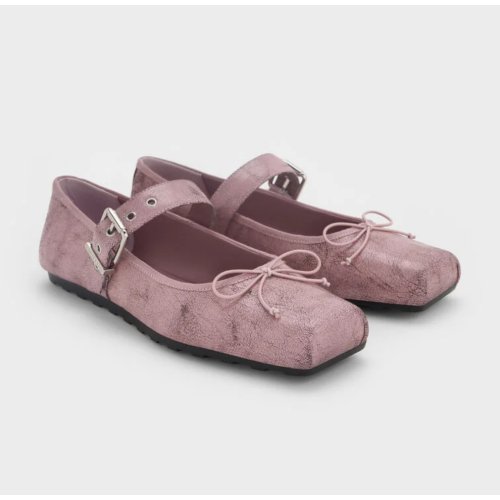  Myler Crinkle-Effect Bow Square-Toe Buckled Mary Janes - Pink 