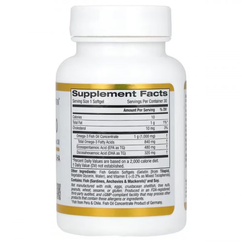  California Gold Nutrition, Omega 800 Ultra-Concentrated Omega-3 Fish Oil, kd-pur Triglyceride Form, 1,000 mg, 30 Fish Gelatin Softgels 