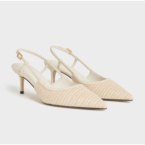 Raffia Pointed-Toe Slingback Pumps - Chalk