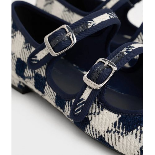  Checkered Double-Strap Mary Jane Flats - Dark Blue 