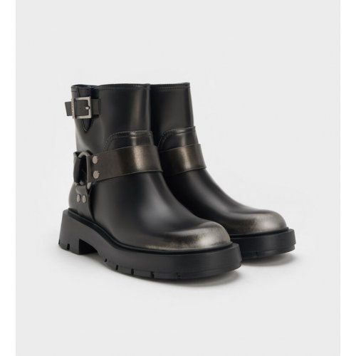  Metallic Buckled Ankle Boots - Silver 