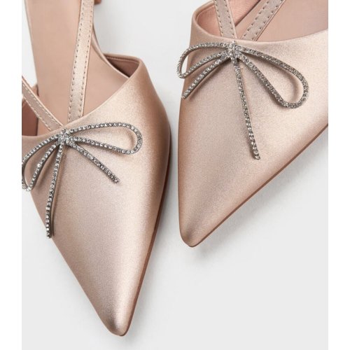Crystal-Bow Kitten-Heel Slingback Pumps - Nude