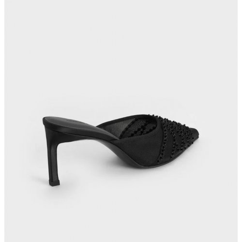  Mesh Sequinned Heeled Mules - Black Textured 