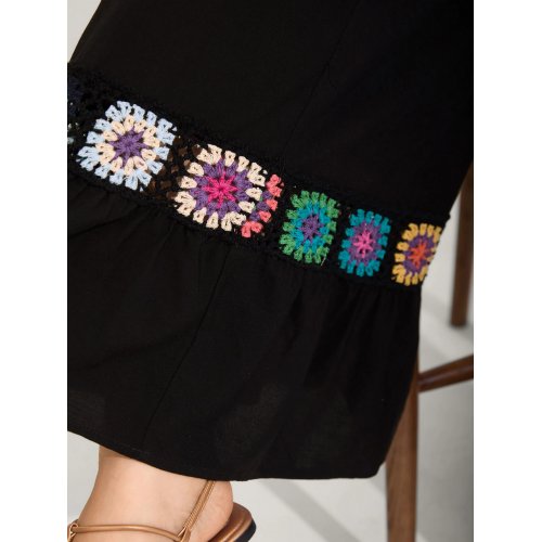  Stretchy Waist Crochet Floral Wide-Leg Pants